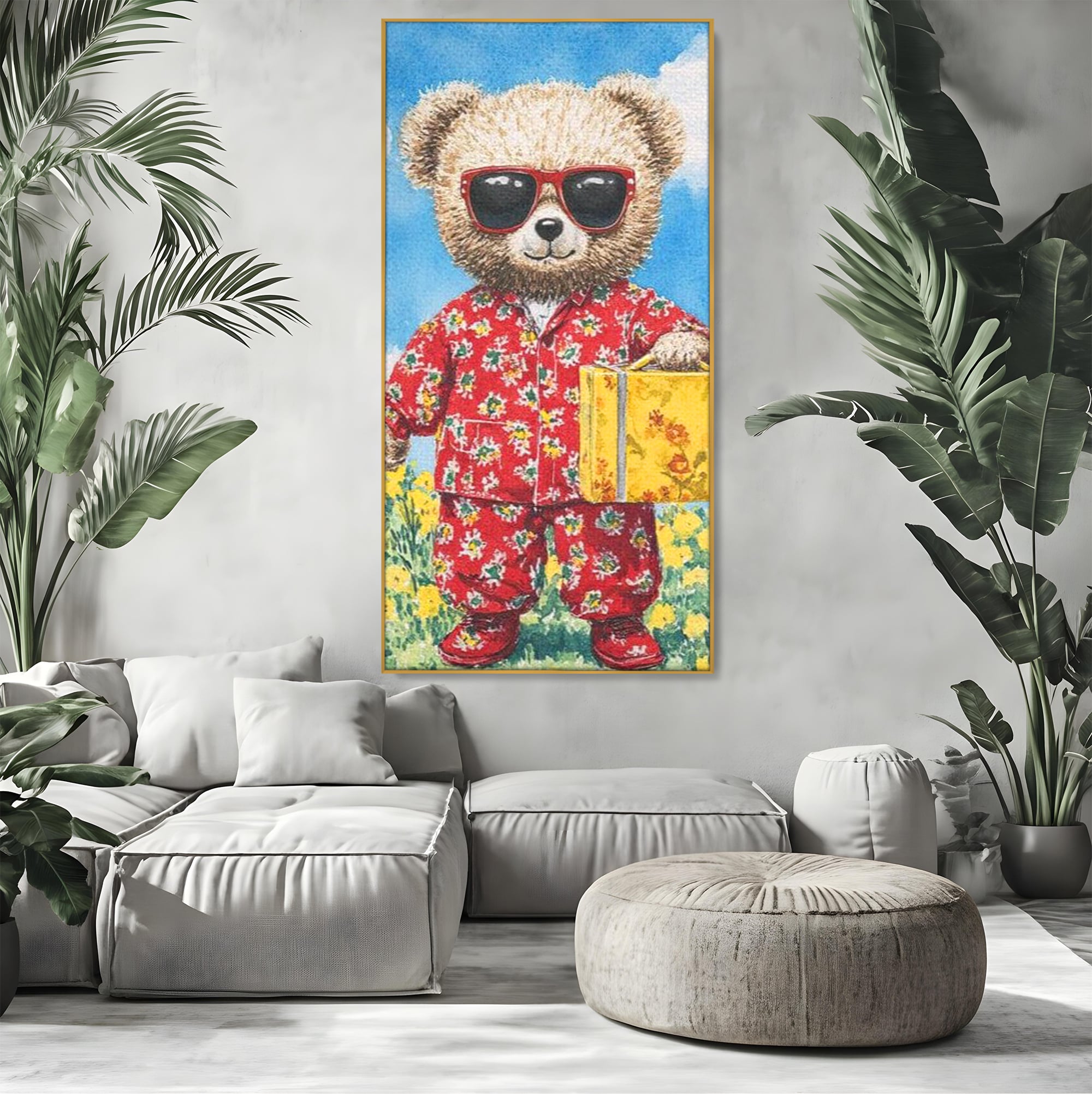 Tablou canvas cu tablou canvas cu ursulet in pijamale, in rama de aluminiu auriu, pe perete intr-un living